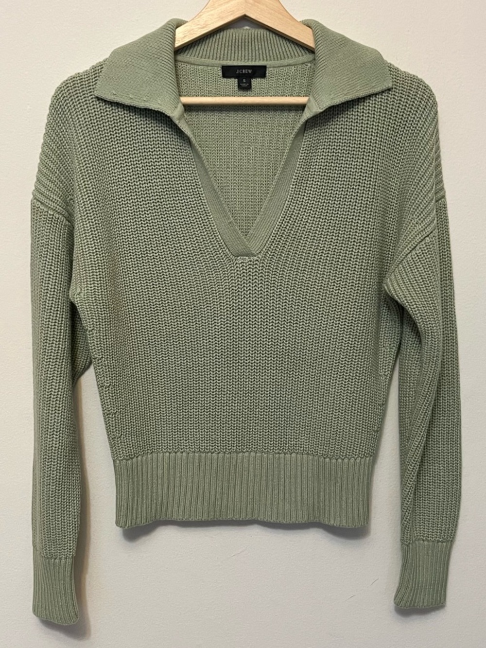 J. Crew • S • 100% Cotton Knit Sage Green Collared V-Neck Sweater